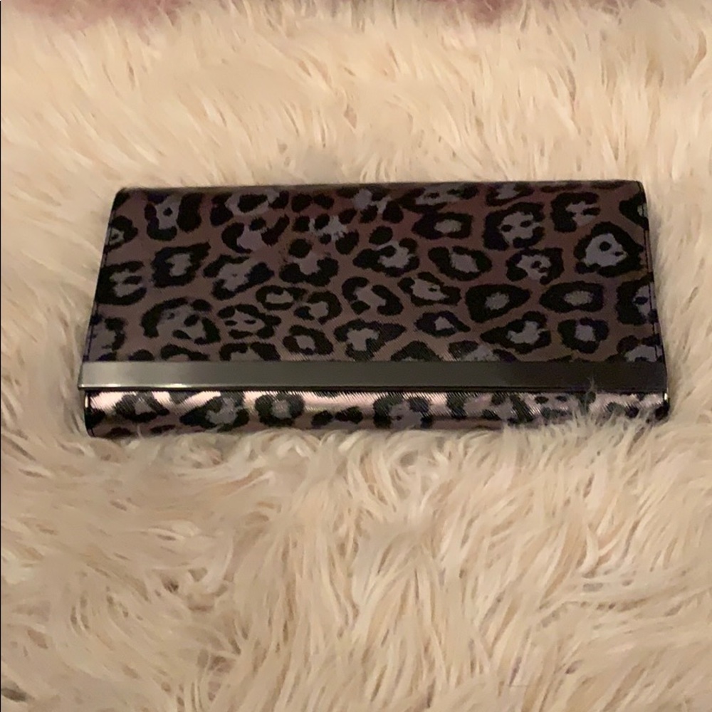 Pewter metallic leopard clutch